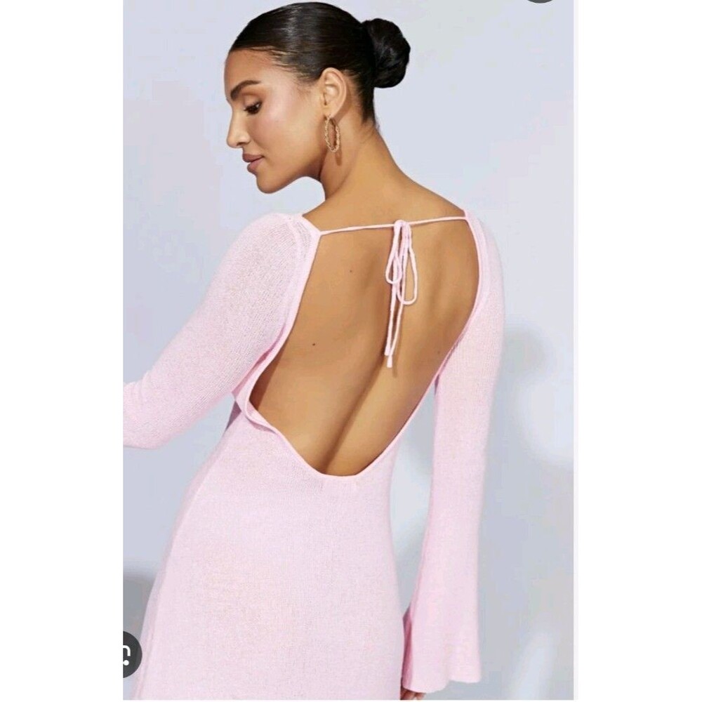 Meshki Pink Knit Open Back Tie Mini Dress Long Bell Sleeve Size M